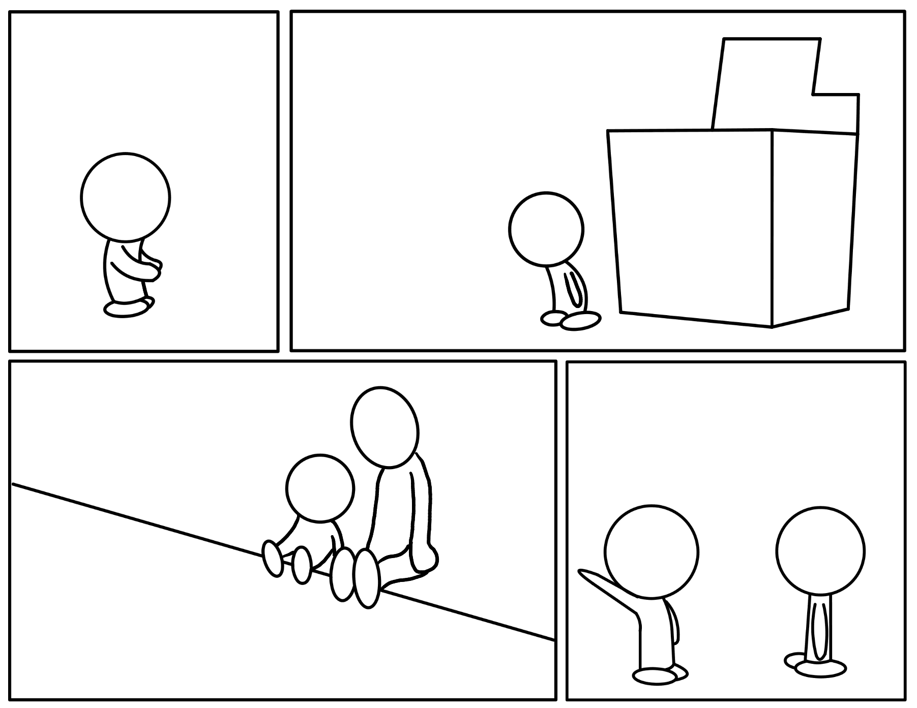 Four rectangles with characters and objects